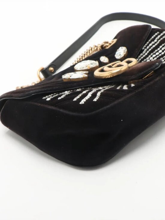 Gucci GG Marmont Crystals Velour x Bijou Chain Shoulder Bag Black - Picture 4 of 14